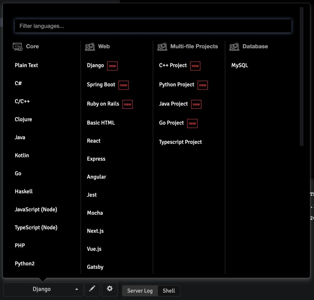 Select a web framework from language switch panel