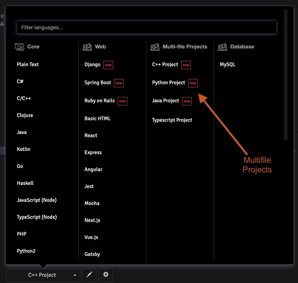 Select a multi-file project from language switch panel