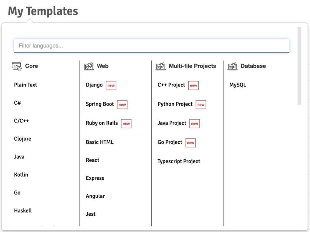 CodeInterview's templates for multi-file projects.