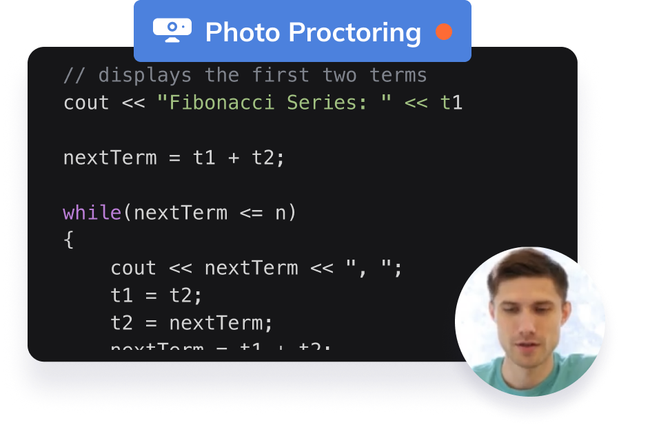 Showing our system tracking candidate via their webcam, and then shown in report later - we can use arrows here - or image of a real person as in other images of ours.