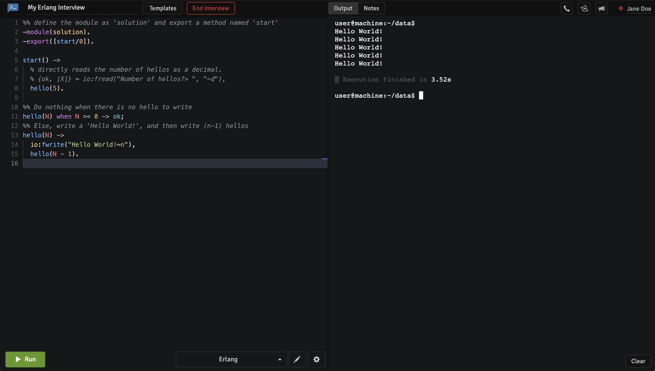 Erlang code editor at CodeInterview