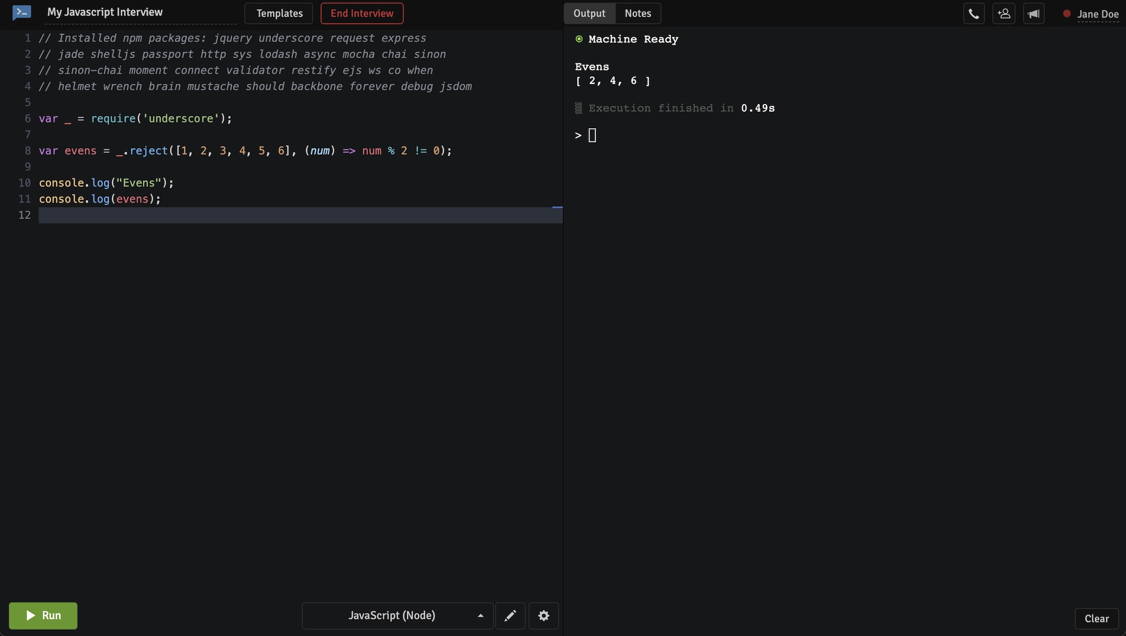 JavaScript code editor at CodeInterview