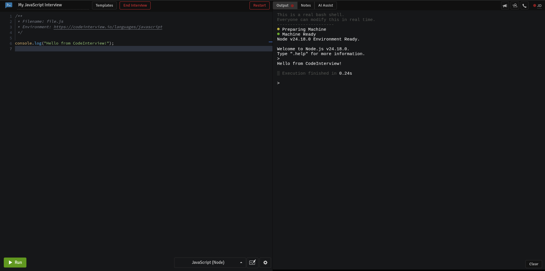 JavaScript code editor at CodeInterview